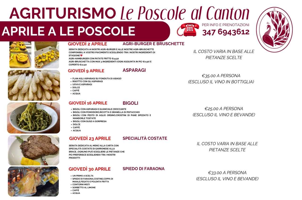 Aprile 2026: i Giovedì a Le Poscole; anche per ASPORTO