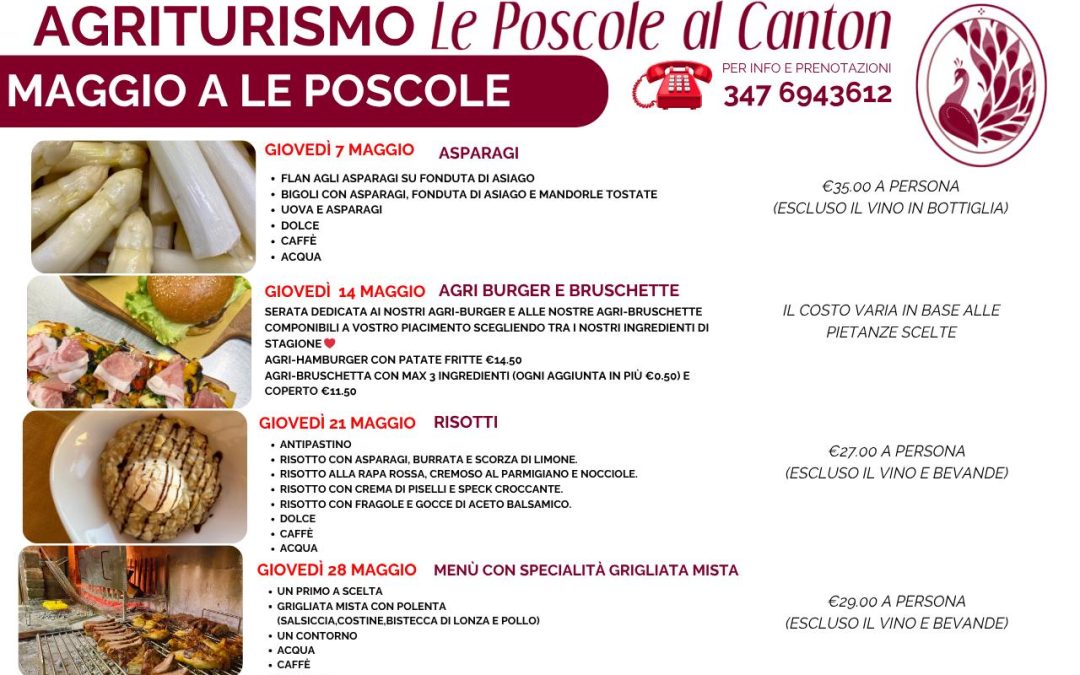 I Giovedì di Maggio 2026 a Le Poscole – Anche ASPORTO
