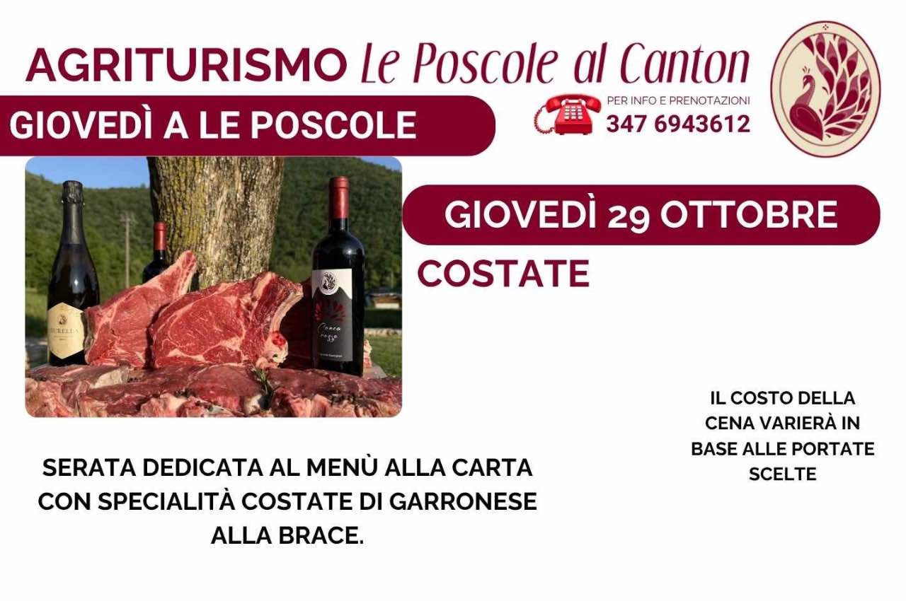 Giovedì 29 Ottobre: menù à la carte con specialità COSTATA di Garronese
